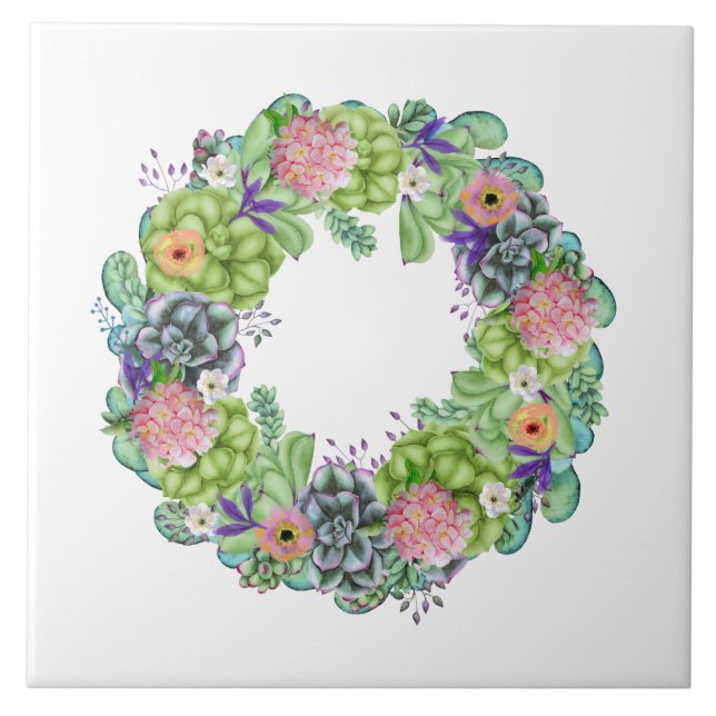Succulent Watercolor Floral Wreath Tile (Front)