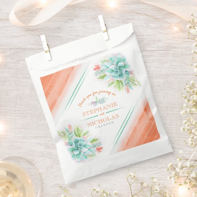 Succulent watercolor green orange wedding favour bag (Clipped)