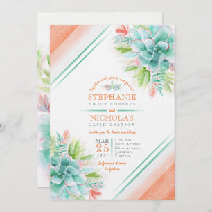 Succulent watercolor green orange wedding invites