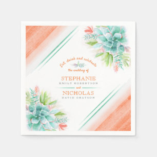 Succulent watercolor green orange wedding napkin