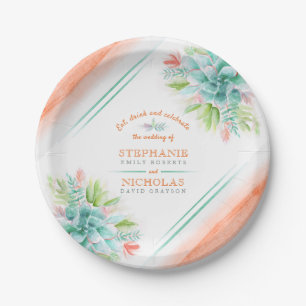 Succulent watercolor green orange wedding plates