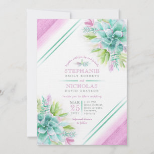 Succulent watercolor green purple photo wedding  invitation