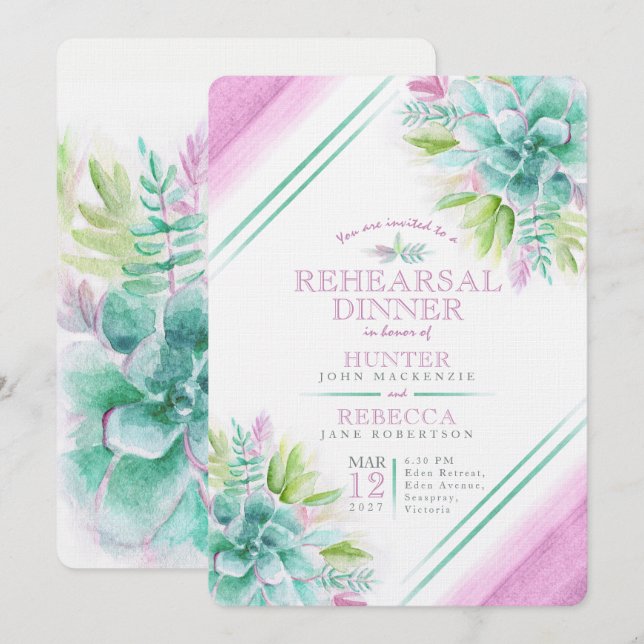 Succulent watercolor green purple rehearsal dinner invitation (Front/Back)