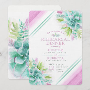 Succulent watercolor green purple rehearsal dinner invitation