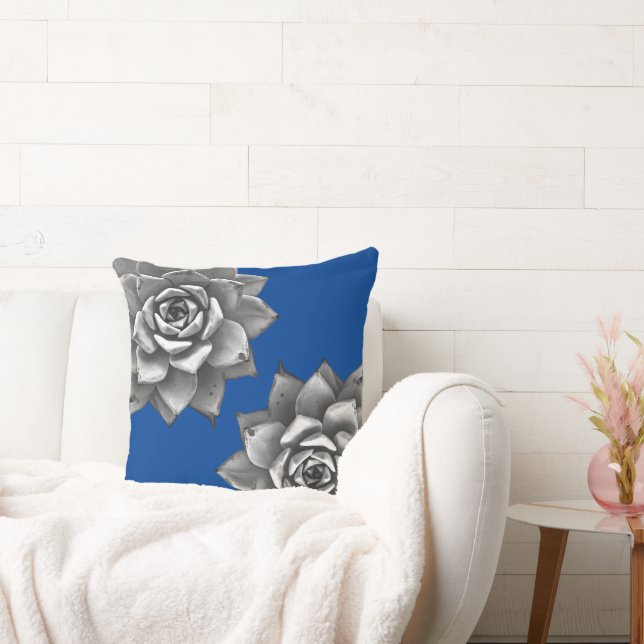 Succulent Watercolor Grey on Blue Throw Pillow (Couch)