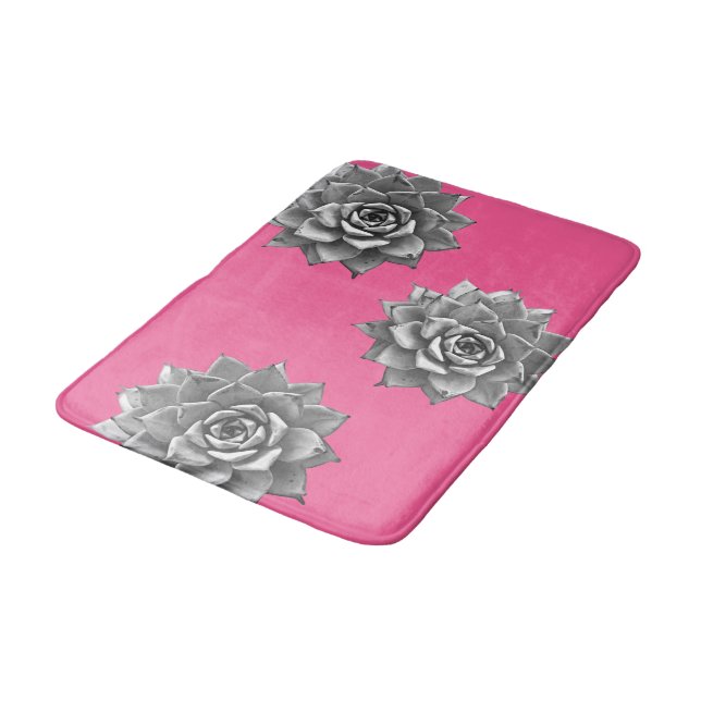 Succulent Watercolor Grey on Hot Pink Bath Mat (Angled)