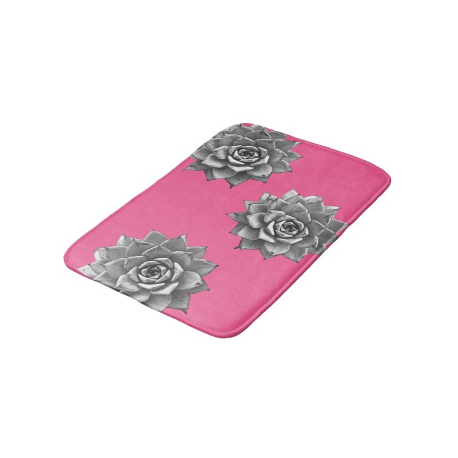 Succulent Watercolor Grey on Hot Pink Bath Mat (Angled)