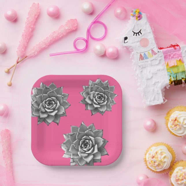 Succulent Watercolor Grey on Hot Pink Paper Plate (Party)