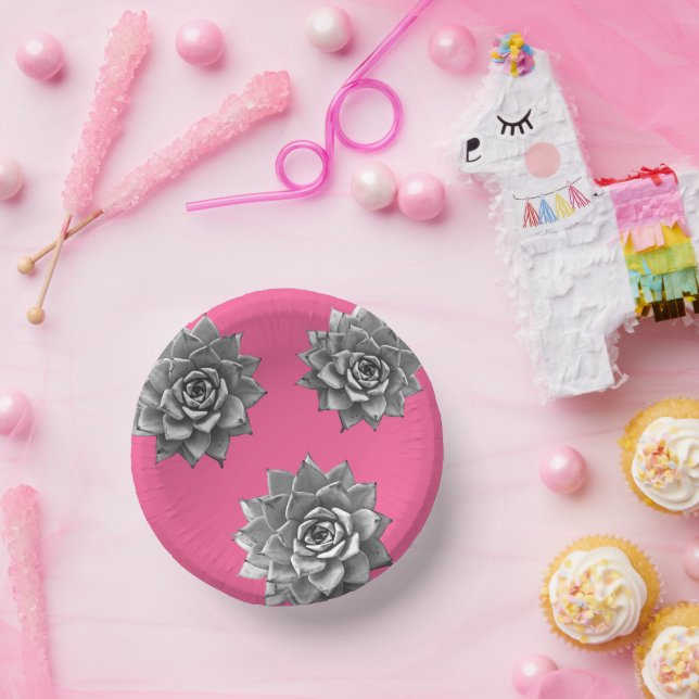 Succulent Watercolor Grey on Hot Pink Paper Plate (Party)