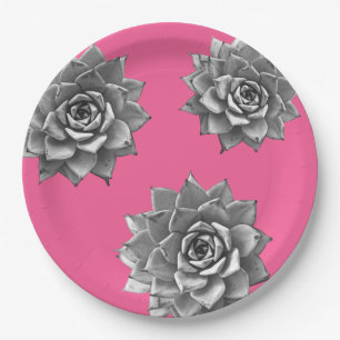 Succulent Watercolor Grey on Hot Pink Paper Plate