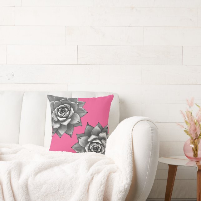 Succulent Watercolor Grey on Hot Pink Throw Pillow (Couch)