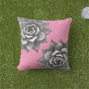 Succulent Watercolor Grey on Pink Outdoor Pillow