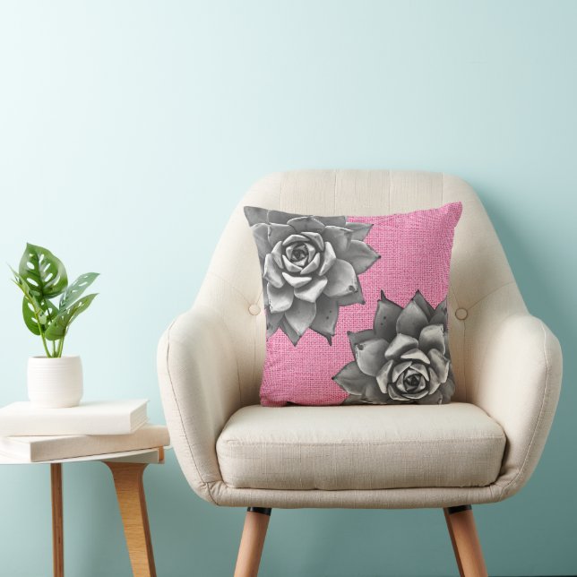 Succulent Watercolor Grey on Pink Throw Pillow (Chair)