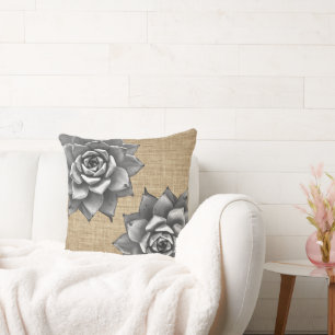 Succulent Watercolor Grey on Tan Burlap Throw Pillow