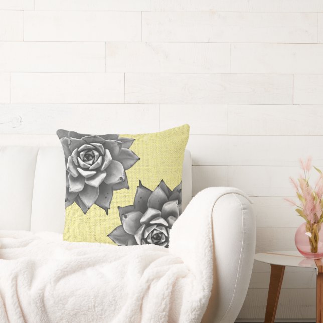 Succulent Watercolor Grey on Yellow Throw Pillow (Couch)