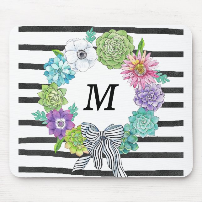 Succulent Watercolor Monogram Mousepad (Front)