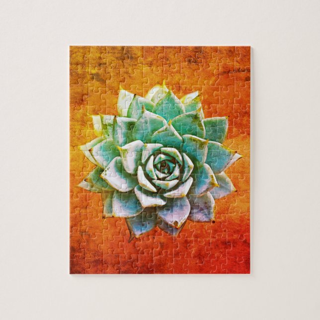 Succulent Watercolor on Orange Rust Jigsaw Puzzle (Vertical)