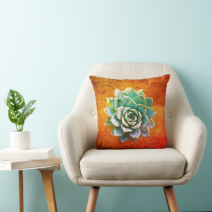 Succulent Watercolor on Orange Rust Throw Pillow