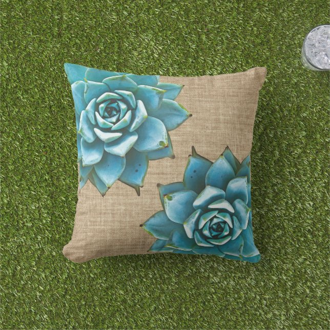 Succulent Watercolor on Tan Burlap Outdoor Pillow (Grass)
