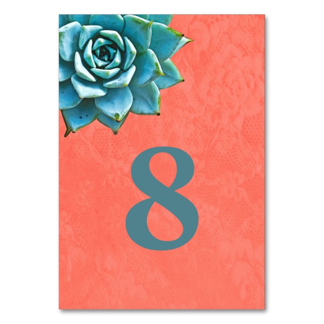 Succulent Watercolor Orange Lace Table Number (Front)