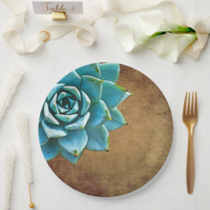 Succulent Watercolor Rustic Brown Paper Plate