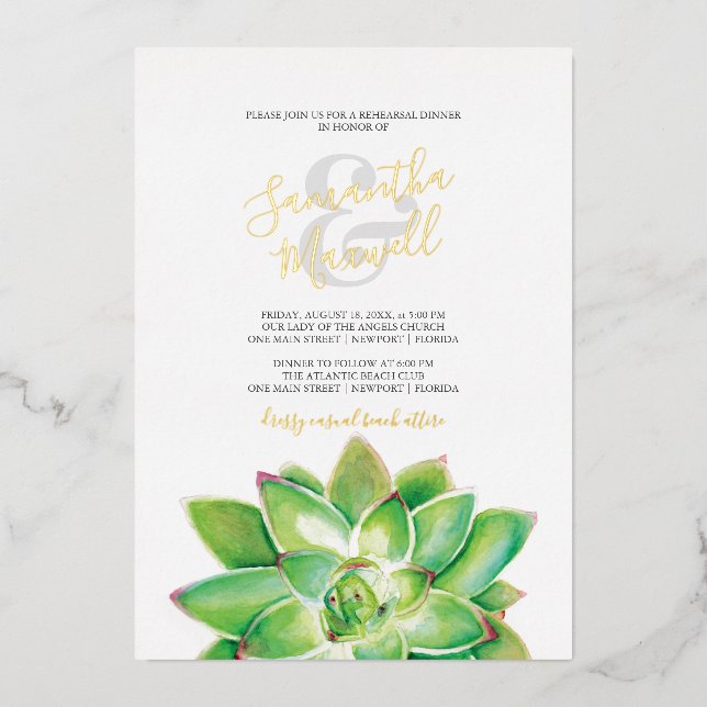 Succulent Watercolor Wedding Foil Invitation (Front)