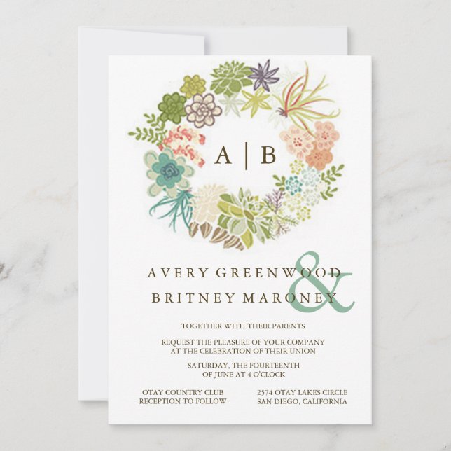 Succulent Watercolor Wedding Invitation (Front)