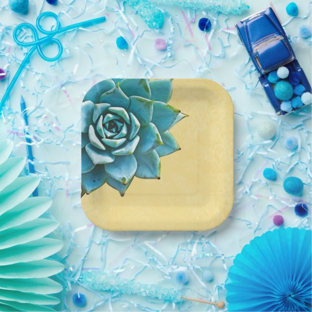 Succulent Watercolor Yellow Lace Paper Plate (Party)