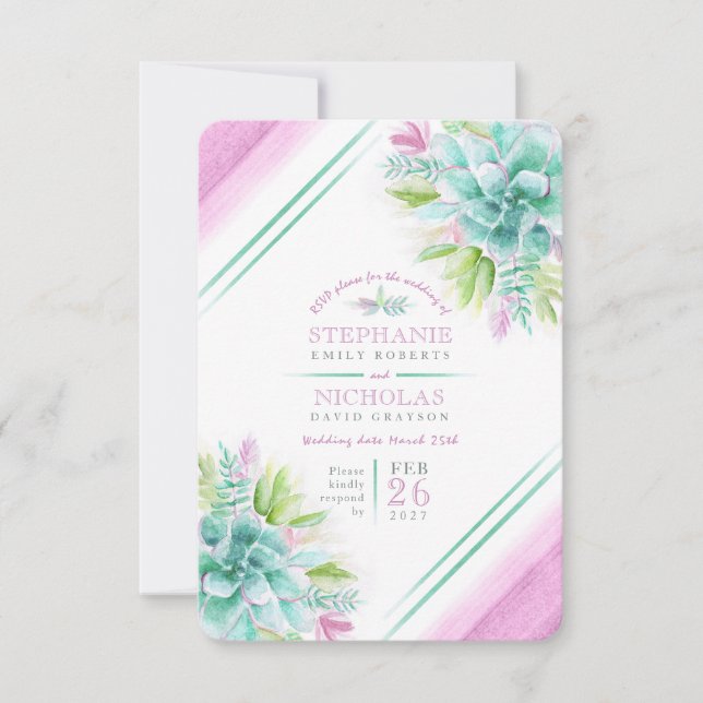 Succulent wedding greenery pink RSVP Card (Front)