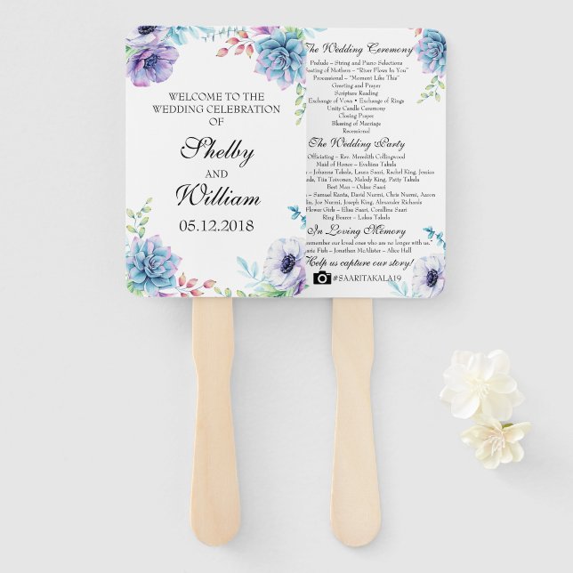Succulent Wedding Program Fan Watercolor Flowers (Front and Back)