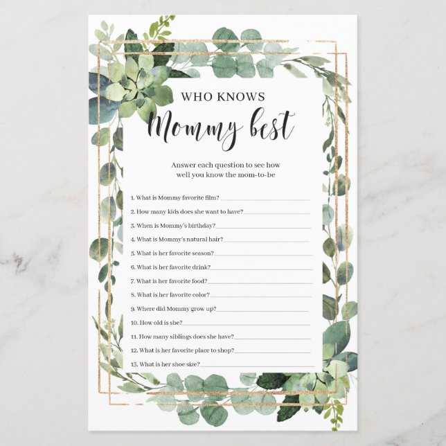 Succulent who knows mommy best baby shower game (Front)