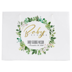 SUCCULENT WREATH FOLIAGE WATERCOLOR BABY SHOWER LARGE GIFT BAG