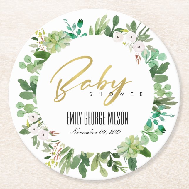 SUCCULENT WREATH FOLIAGE WATERCOLOR BABY SHOWER ROUND PAPER COASTER (Front)