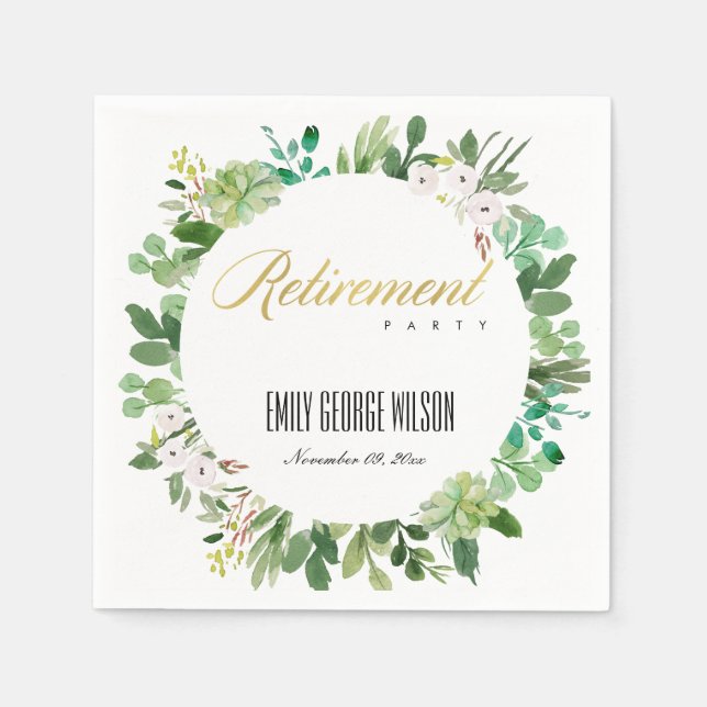 SUCCULENT WREATH FOLIAGE WATERCOLOR RETIREMENT NAPKIN (Front)