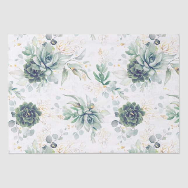 Succulents and Gold Eucalyptus Leaves Greenery  Tissue Paper (Front)