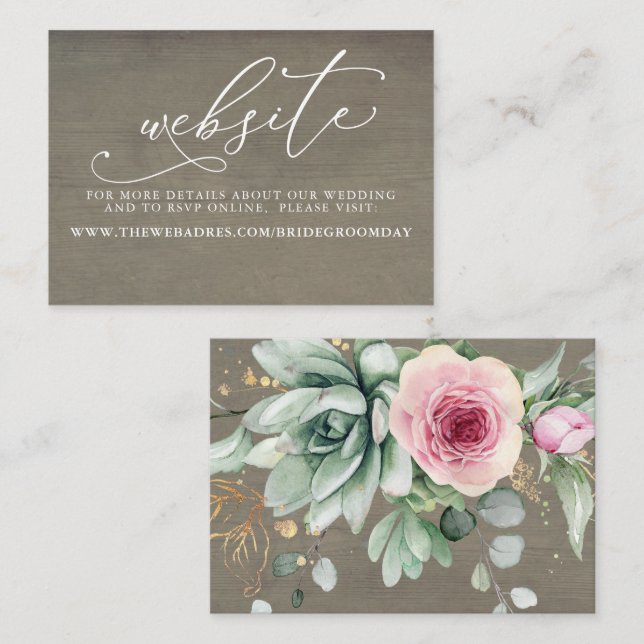 Succulents and Gold Greenery Wedding Website Card (Front/Back)