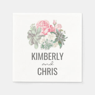 Succulents and Pink Floral Bouquet Wedding Napkin