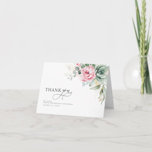 Succulents and Pink Flowers Elegant Thank You (Front)