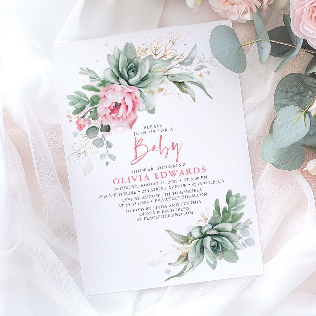 Succulents and Pink Flowers Girl Baby Shower Invit Invitation (Pink Flowers and Succulents Baby Shower Invitations)