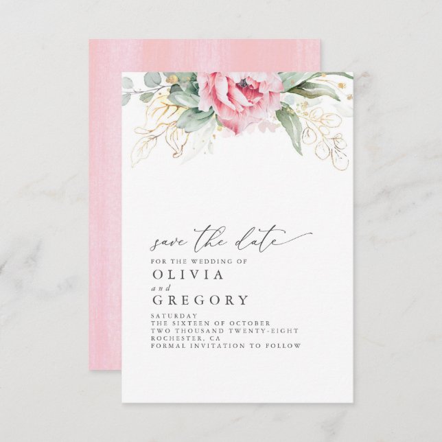 Succulents and Pink Flowers Save the Date Announcement (Front/Back)