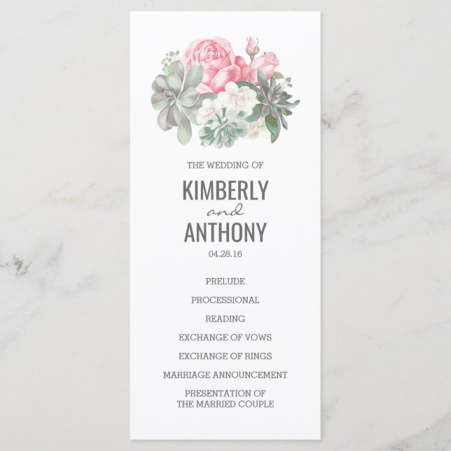 Succulents and Pink Roses Elegant Wedding Programs (Front)