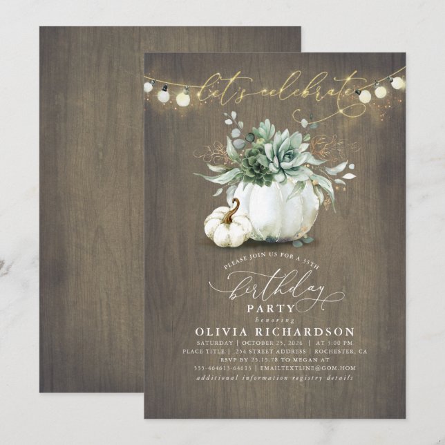 Succulents and Pumpkins Fall Rustic Birthday Invitation (Front/Back)
