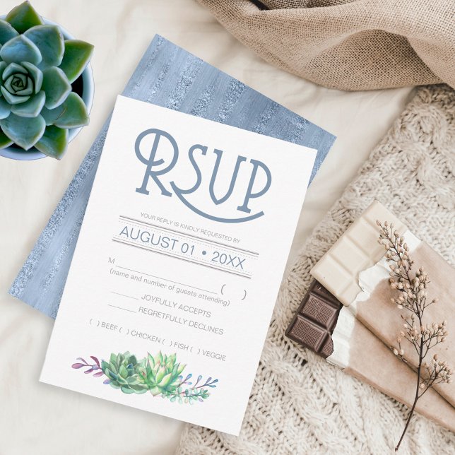 Succulents and Sparkle Wedding RSVP Blue ID515 Card (Creator Uploaded)
