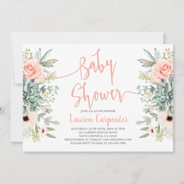 Succulents baby shower fille invitation (Devant)