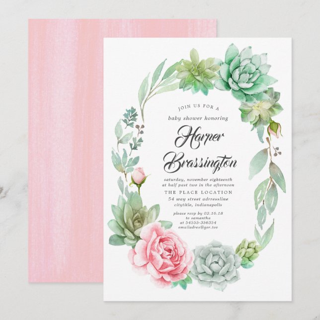 Succulents Baby Shower Girl Invitation (Front/Back)