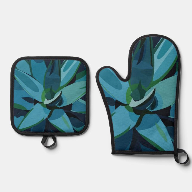 Succulents Blue Agave Cactus Succulents Oven Mitt & Pot Holder Set (Front)
