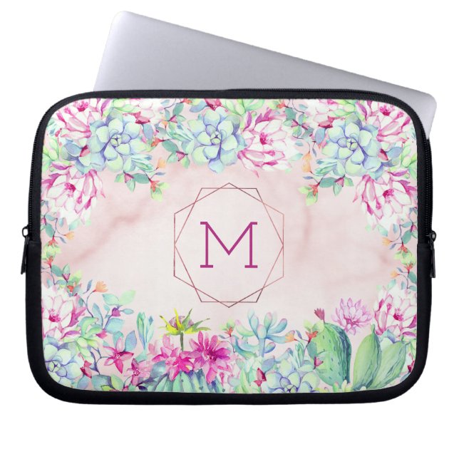 Succulents Cactus Geometric Blush Marble Monogram Laptop Sleeve (Front)