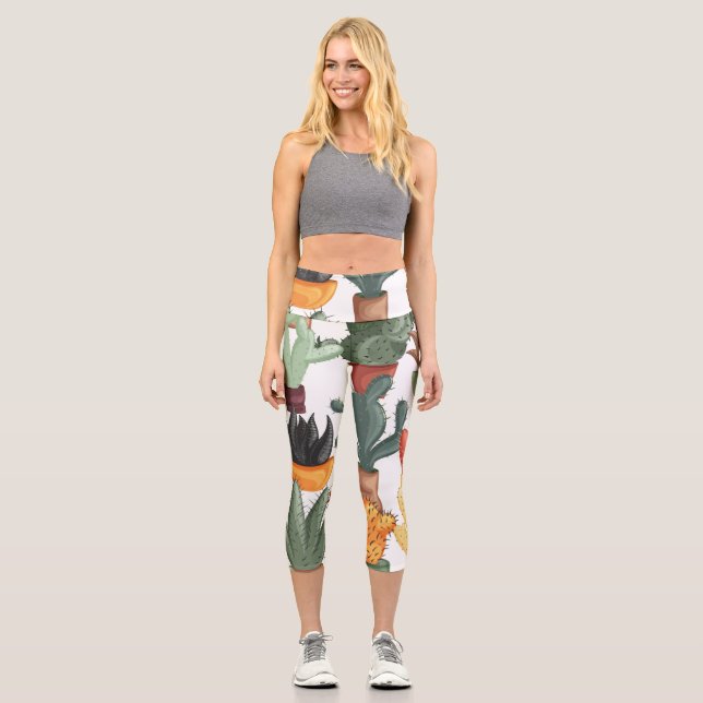 Succulents, cactuses: cute floral pattern. capri leggings (Front)
