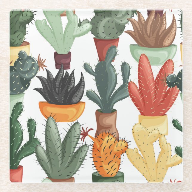Succulents, cactuses: cute floral pattern. glass coaster (Front)