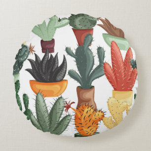 Succulents, cactuses: cute floral pattern. round pillow
